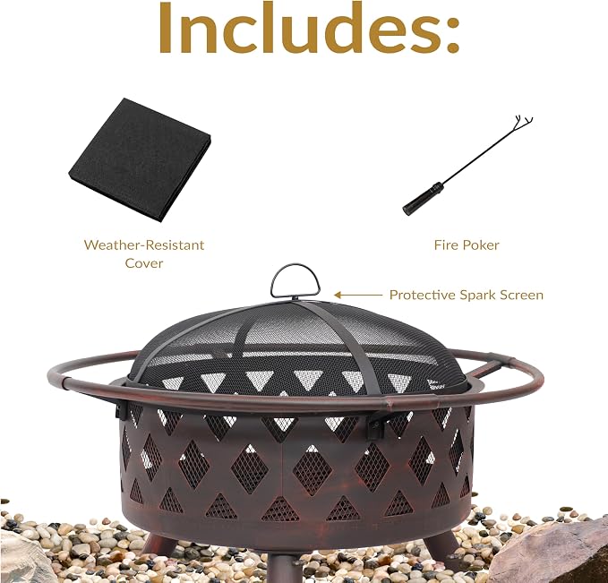 Sunnydaze Crossweave Outdoor Fire Pit - Wood-Burning Fire Pit for Outside with Spark Screen, Poker and Round Cover - 30-Inch - Bronze - Image 3