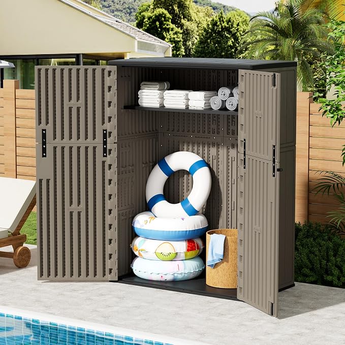 ZZM 57 Cu.ft Outdoor Storage Shed HDPE Storage Cabinet, Double-Wall Resin Sheds with Floor Vertical Lockable Sheds Garden Tools Trash Can, Lawn Mower, Bike Storage, Waterproof, Brown - Image 5