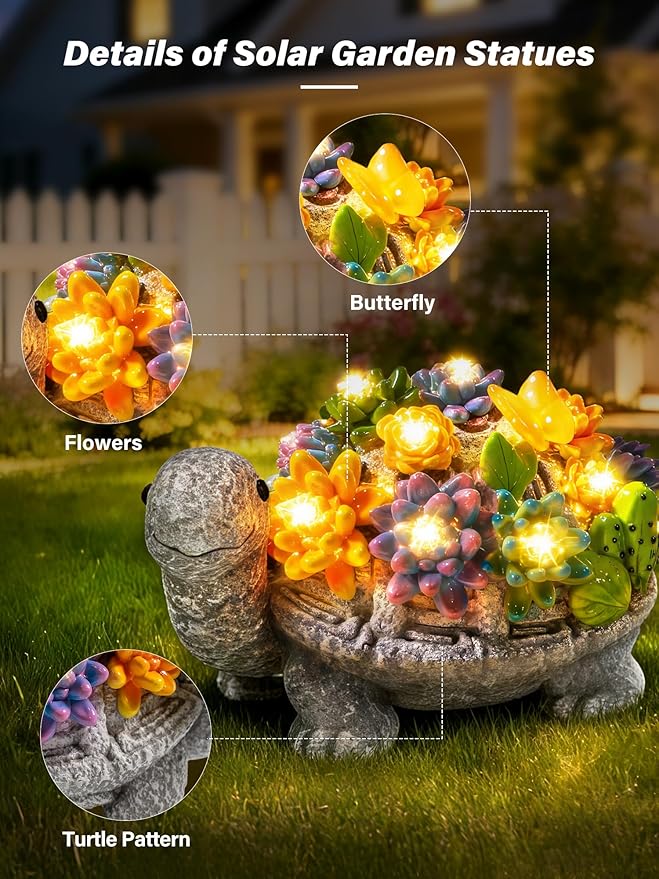 Solar Garden Statues, Outdoor Solar Turtle Decor with Succulent and 8 LED Lights, Outside Yard Figurine Decor for Garden, Lawn, Patio, Balcony, Porch, Unique Gifts for Mom Grandma