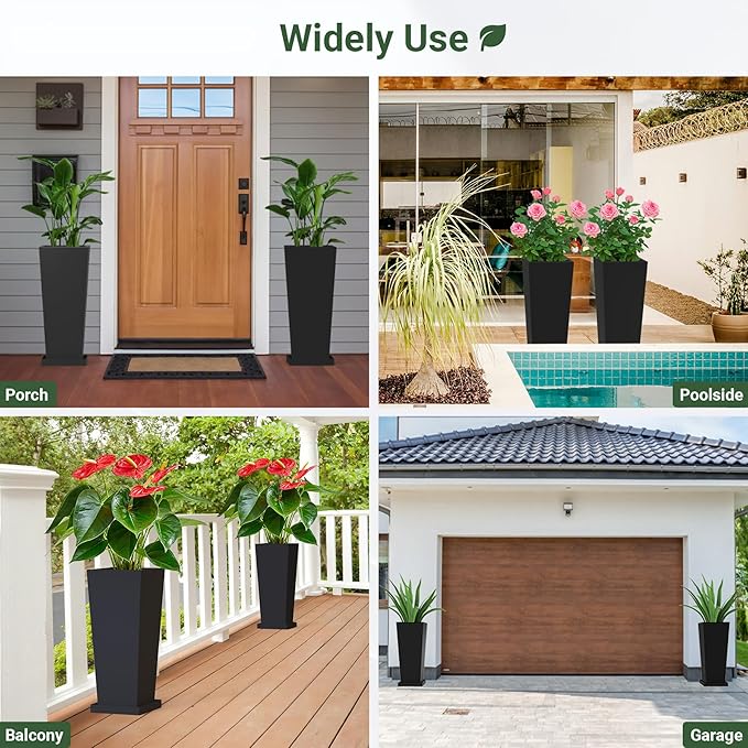 24 inch Metal Tall Planters Set of 2, Durable Taper Planter with Drainage Holes & Insert Shelves & Trays for Outdoor Indoor Garden Patio Front Door