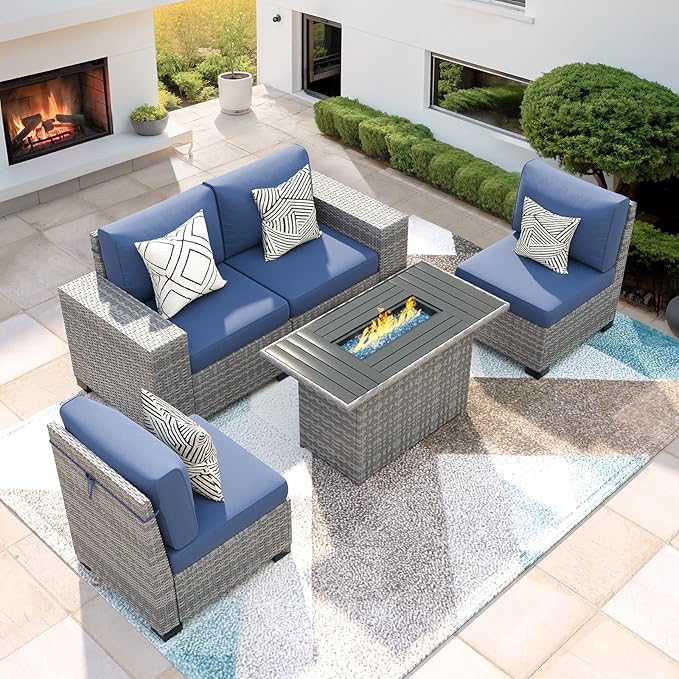 5 Piece Patio Furniture Set with Fire Pit Table, Outdoor Conversation Sets Grey Wicker Rattan Sectional Sofa, 4'' Thickened Cushion Navy Blue (Include Waterproof Cover)