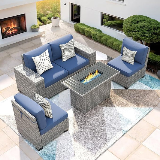 5 Piece Patio Furniture Set with Fire Pit Table, Outdoor Conversation Sets Grey Wicker Rattan Sectional Sofa, 4'' Thickened Cushion Navy Blue (Include Waterproof Cover)