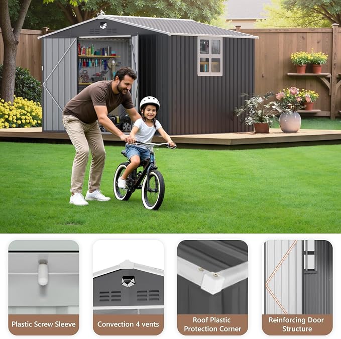 10x8 FT Outdoor Storage Shed, Metal Garden Shed - Tool Storage Sheds with Lockable Doors & 1 Clear Window, Waterproof Outside Storage Building for Backyard, Patio (Black; Floor Not Included) - Image 7