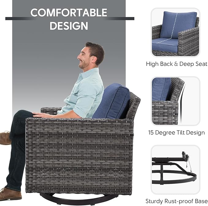 5 Piece Wicker Patio Furniture Set - Outdoor Swivel Rocker Chairs Set with 3 Seat Sofa and Ottomans, Small Patio Conversation Sets Proch Furniture for Balcony Deck - Grey/Blue