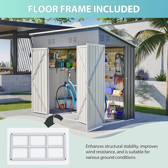 YOPTO 4x8 FT Outdoor Storage Shed,Slope Roof Storage Metal Garden Shed Steel with Reinforced Beams,All Weather Waterproof Garden Tool House W/Lockable Door & 4 Air Vents,for Backyard,Patio,Lawn,Grey - Image 12
