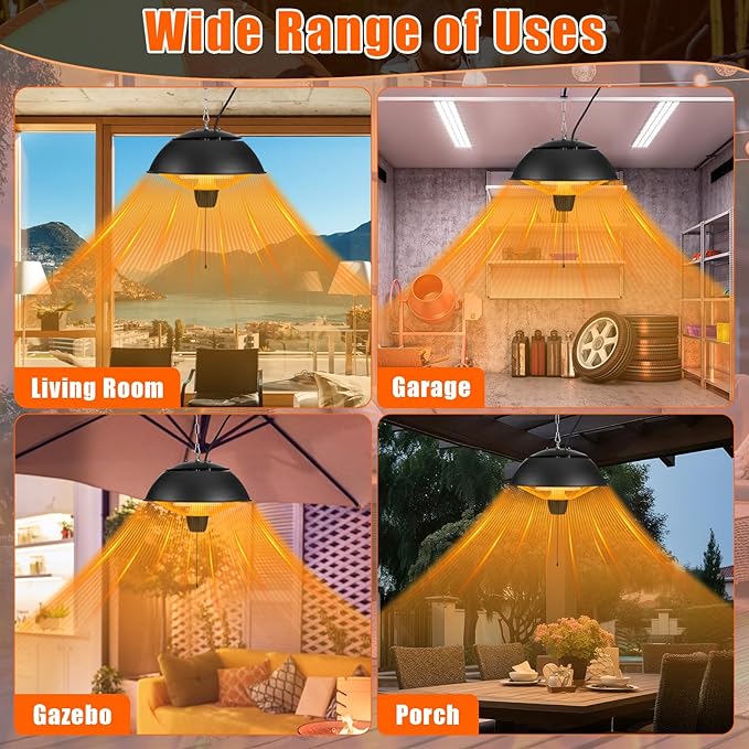 Hanging Patio Heater 1500w Outdoor/Indoor Electric Infrared Hanging Ceiling Heater with Storage Bag 3s Fast Heating, Quiet, Adjustable Chain, for Home Porch Gazebo Balcony Garage Studio