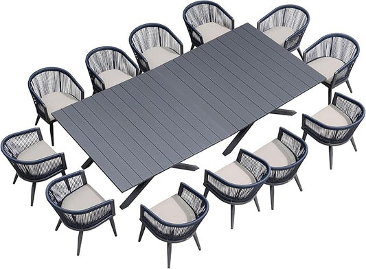 PURPLE LEAF Outdoor Dining Set for 12 All-Weather 14 Pieces Patio Aluminium Dining Large Table and Rope Weave Chairs Included Cushions for Backyard Deck Kitchen Modern Furniture Set Gray and Navy by PURPLELEAF