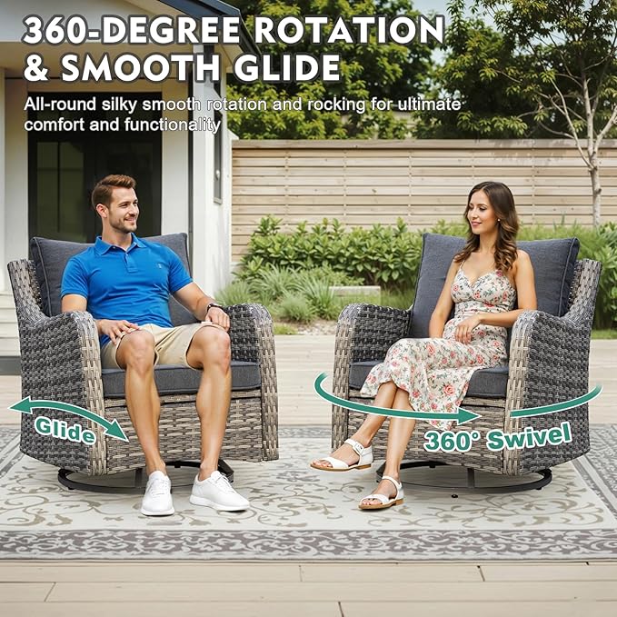MEISSALIVVE 7 Pieces Outdoor Patio Furniture Set with Swivel Chairs, Wicker Patio Conversation Set, Patio Sectional Furniture Set with with Loveseat, 2 Ottomans and Dining Table (Grey)