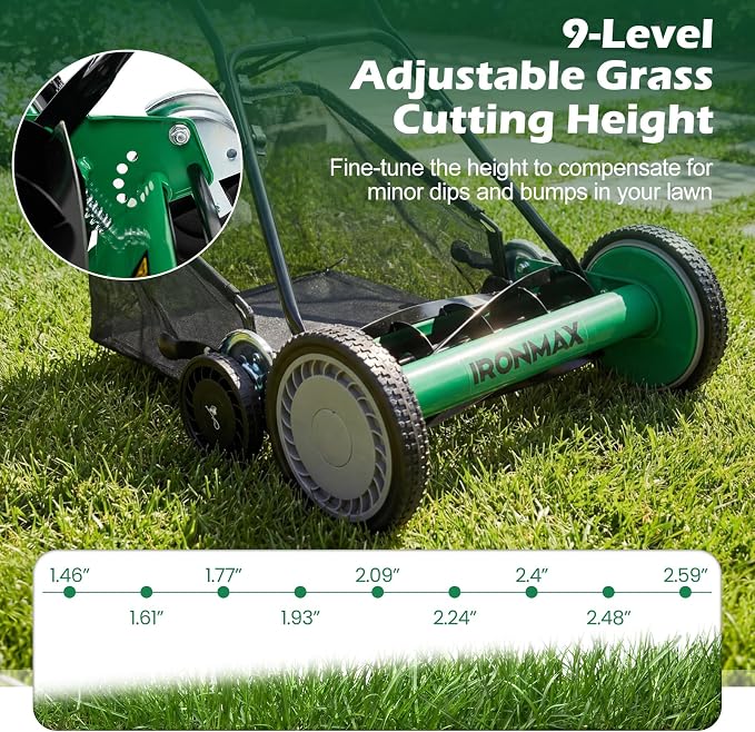IRONMAX 18 Inch 5-Blade Push Reel Lawn Mower, 9-Level Adjustable Cutting Heights, Removable Grass Catcher, Lightweight No Motor Walk-Behind Manual Grass Cutter for Garden Yard Park (Green, 18 Inch) - Image 5