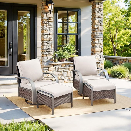 Belord 4 Pieces Patio Furniture Sets - Swivel Rocker Outdoor Chairs with Ottomans, All Weather Wicker Swivel Furniture Glider Seating Set for Porch Deck Sunroom Backyard