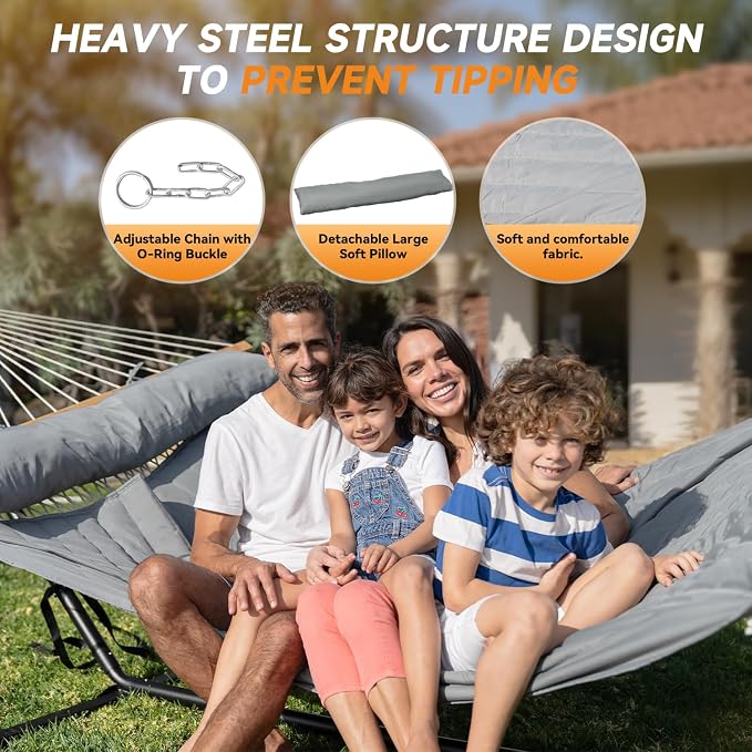 Everyfun 2 Person Outdoor Hammock with Stand, Cotton Rope Hammock with Polyester Pad, Adjustable Steel Frame, Portable with Carrying Bag – for Patio, Backyard, Garden, Beach, Urban-Gray - Image 5