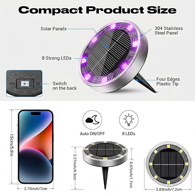 Peasur Solar Ground Lights Outdoor, 2 Pack Flat Solar Powered Disc Lights, IP68 Waterproof, Anti-Rust, Landscape Lighting for Pathway Garden Yard Lawn Walkway Landscape Driveway, Purple