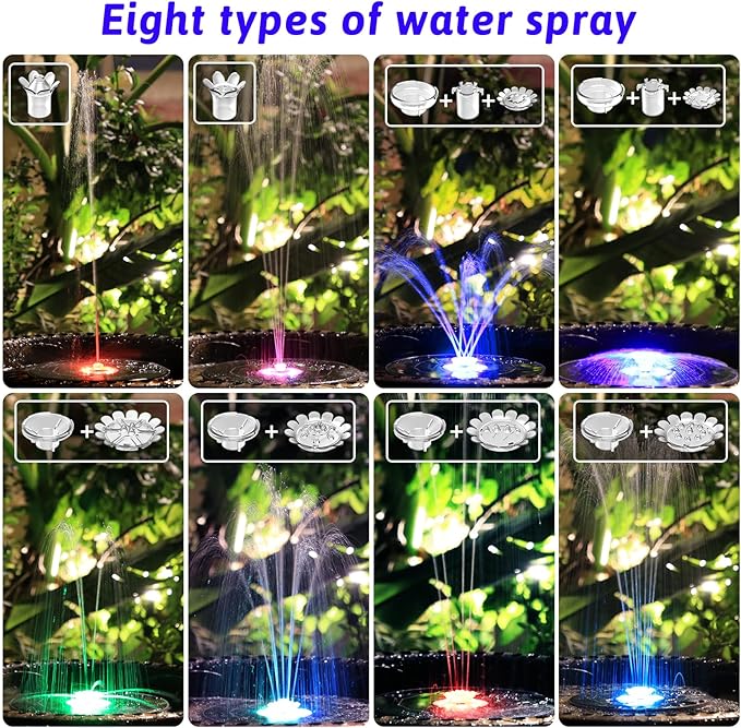 AISITIN 3.5W Solar Fountain Pump with Remote Control, LED Colorful Lights, Solar Bird Bath Pump with Bracket and 8 Nozzles, Solar Water Fountain for Bird Bath, Garden, Pond and Outdoor