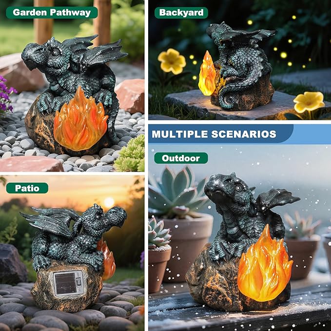 Solar Dragon Garden Decor, Porch Dragon Statue with Fiery Light - 6.8 inch Lawn Ornaments, Outdoor Decorative Art Gift for Patio, Yard, Backyard, Porch