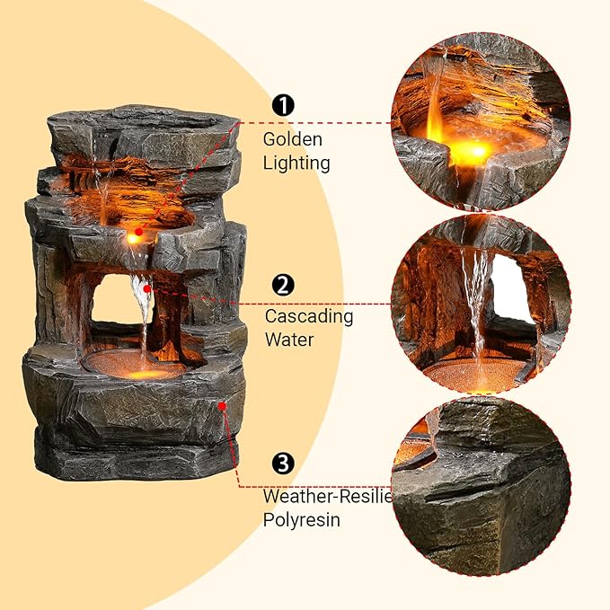Kalona Outdoor Waterfall Fountain with LED Lights - 3-Tier Resin Rock Water Feature for Garden Patio Backyard, 21.5" Tall Fountain Decor 24392