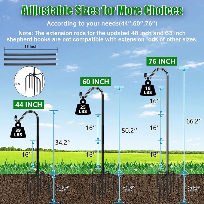 FEED GARDEN Shepards Hooks for Outdoor Bird Feeder Pole 76 Inch Adjustable Tall Heavy Duty Shepherds Hooks for Hanging Plant Baskets, Solar Lights, Wedding Decor, Lanterns, Black (2 Pack) - Image 2