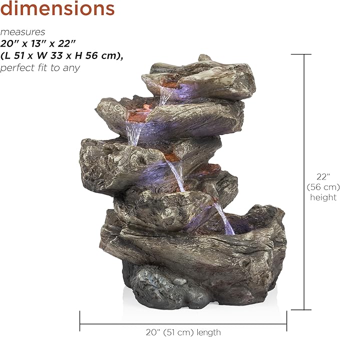 Alpine Corporation WIN1087 Indoor/Outdoor Floor Waterfall Fountain with LED Lights, 5-Tiered Rainforest Fountain 22", Brown