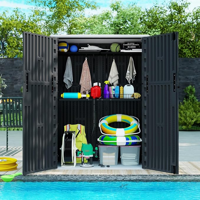 ZZM 57 Cu.ft Outdoor Storage Shed with Floor HDPE Double-Wall Resin Sheds Outdoor Storage, Lockable Weatherproof Storage Cabinet Fit for Garden Tools, Garage can, Bike, Patio Furniture, Black - Image 4