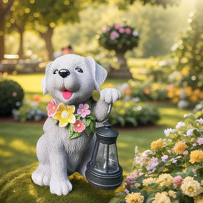 Dog Solar Light, Solar Dogs Statues Outdoor with Lantern, Cute Dogs Garden Figurines for Patio and Yard Decor, Gardening Gifts for Mom, Grandma, Dog Lovers