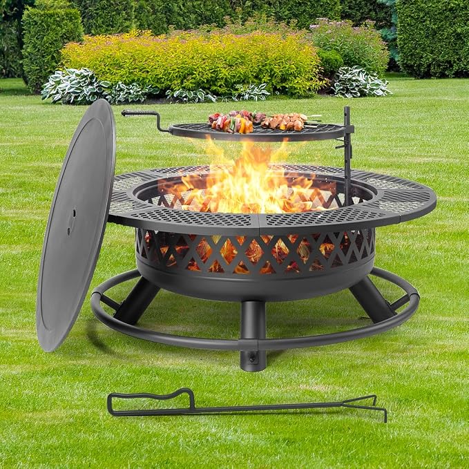 Panovue 42 Inch Outdoor Fire Pit with Grill, Large Firepit Table for Outside, Metal Round Firepits with Lid&Fire Poker,3 in 1 Wood Burning Fire Pits & Outdoor Fireplaces for Backyard,Patio(42'' Black) - Image 2