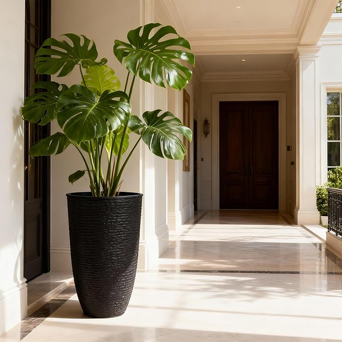 WORTH Garden 2-Pack 21" H. Black Tall Planters with Inside Pots - 14'' Dia Plastic Large Round Plant Tree Pots - Decorative Imitation Stone Finish for Indoor Outdoor Front Porch Container Patio