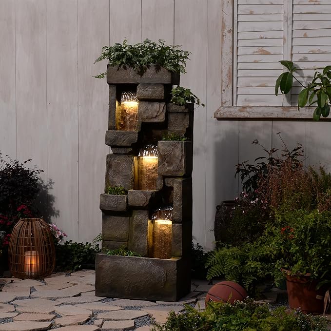 Garden Water Fountains Outdoor Floor Standing, 3 Tier Rock Waterfall Fountain with LED Lights and Pump for Garden, Patio, Backyard, Deck, Porch and Home Art Deco, 56.3" Very Tall