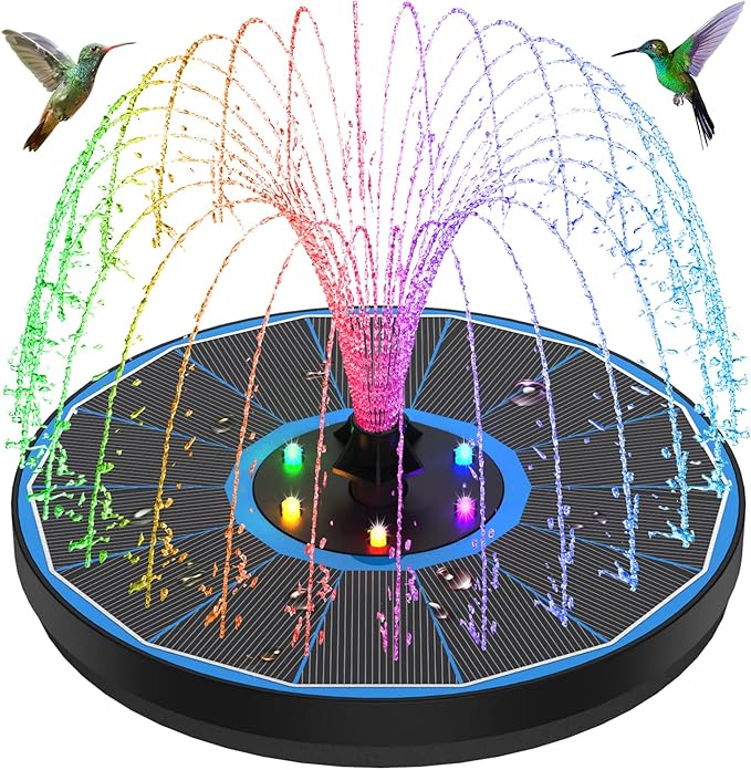 Solar Fountain New, 3.5W Solar Bird Bath Fountains with Glass Panel, 2200 Battery, Hummingbird Water Features with Color LED Lights, 8 Spray Modes & 4 Fixed Pipes for Garden, Pool, Pond