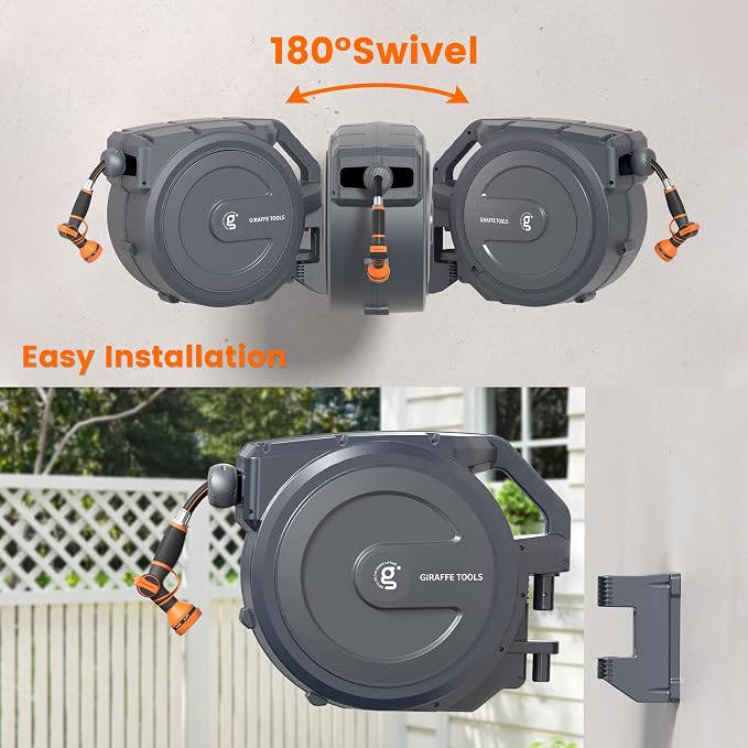 Giraffe Tools AW30 Wall Mounted 1/2" x 100 ft Garden Hose Reel, Retractable Water Hose Reel, Automatic Rewind & Lock at Any Length - Image 5