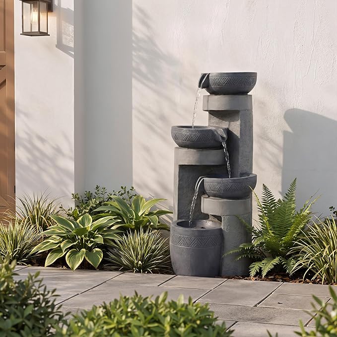 31.5" Tall Outdoor Water Fountain, 4 Tier Cascading Bowls and Stacked Water Fountain with LED Lights, for Yard Décor, Backyard, Patio and Deck (31.5'')