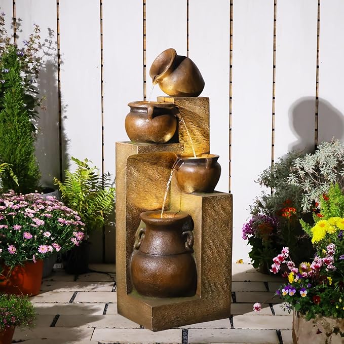53" H Large Outdoor Water Fountain with Lights - 4 Tiered Cascading Bowls Waterfall Fountain for Garden, Patio, Backyard, Porch Inside - Freestanding Outdoor Water Feature Gold