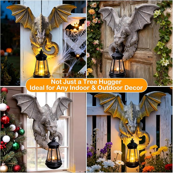 Dragon Tree Hugger Garden Statue - Resin Dragon Figurine Wall Hanger Sculptures Decor with Solar Lantern Lights, Outdoor Waterproof for Balcony Wall Porch Yard, Gifts for Mom Women Grandma Birthday