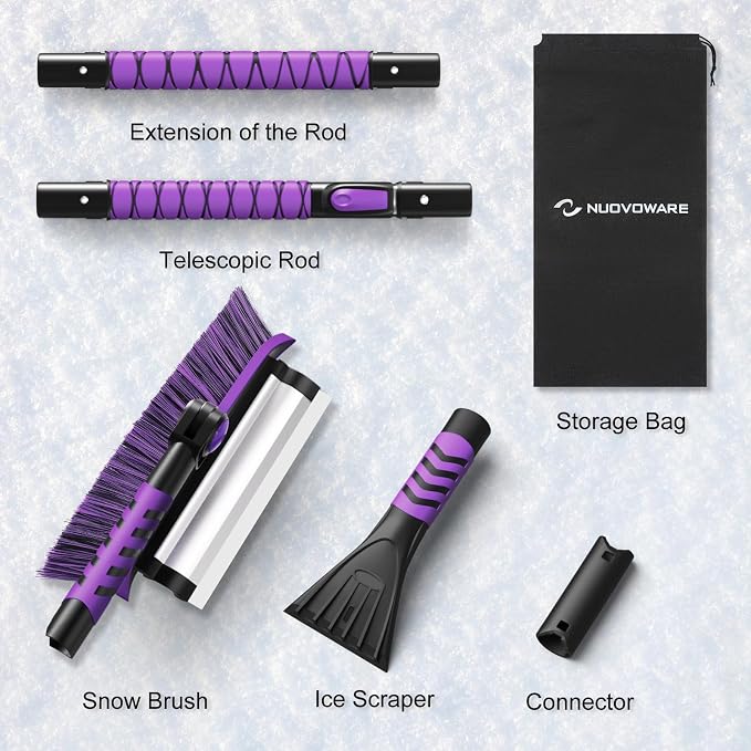 Nuovoware 60" Ice Scraper and Extendable Snow Brush for Car Windshield, 5 in 1 Adjustable Snow Removal Tools with 270° Pivoting Brush Head for Car Auto Truck SUV, Purple - Image 7