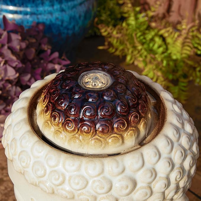 Glitzhome Buddha Head Ceramic Outdoor Fountain with LED Lights, Zen-Style Outdoor Water Fountains for Porch Deck Garden Patio Backyard, Sand Beige Textured Glaze Floor Table Water Fountain, 18.75" H
