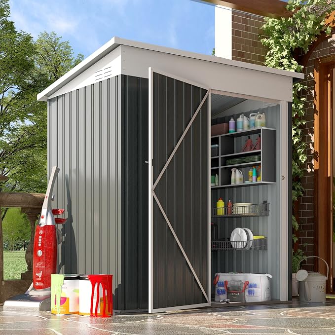 AECOJOY 5' x 3' Outdoor Storage Shed, Small Metal Sheds & Outdoor Storage Clearance with Lockable Door, Utility and Tool Storage Garden Shed for Backyard, Patio, Outside use in Dark Grey - Image 5