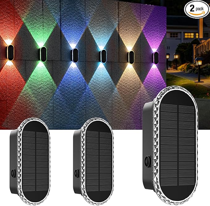 Solar Fence Lights Outdoor, Warm White & RGB 8 Modes Solar Wall Lights Outdoor Waterproof, Up&Down Dual-Head Outdoor Solar Lights for Yard House Fence Backyard Deck Garden Patio Porch, 2 PK