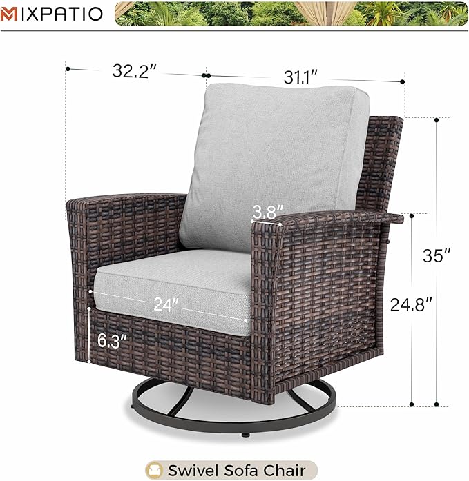 Swivel Patio Wicker Chairs Set of 2, High Back Outdoor Swivel Patio Rattan Chairs with 5.5" Thick Cushions for Bistro Balcony Porch Deck and Yard, Light Grey