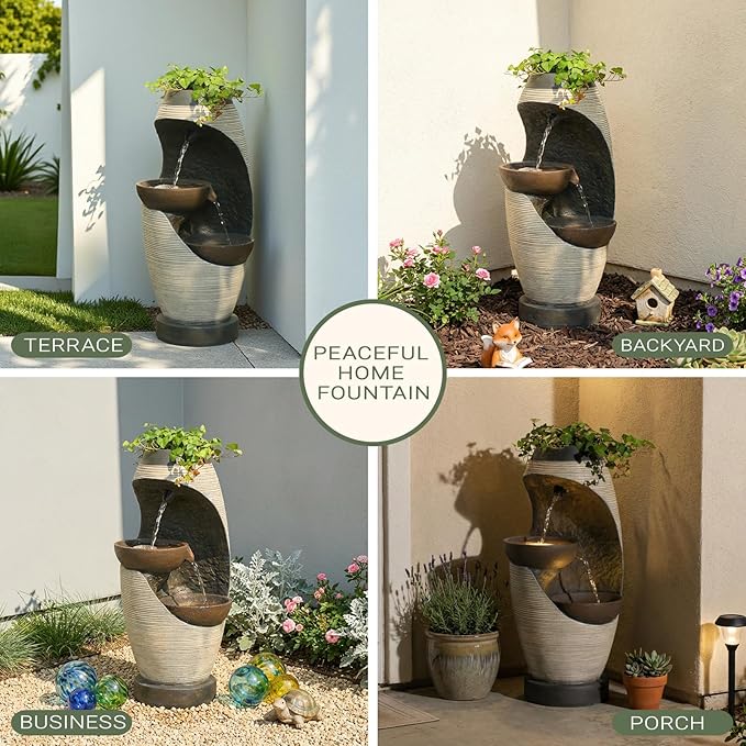 2-Tier Bowl Water Fountain with LED Lights, 27.95" Tall Freestanding Outdoor & Indoor Garden Waterfall Fountain for Yard, Patio, Backyard, Floor Standing Home Decor