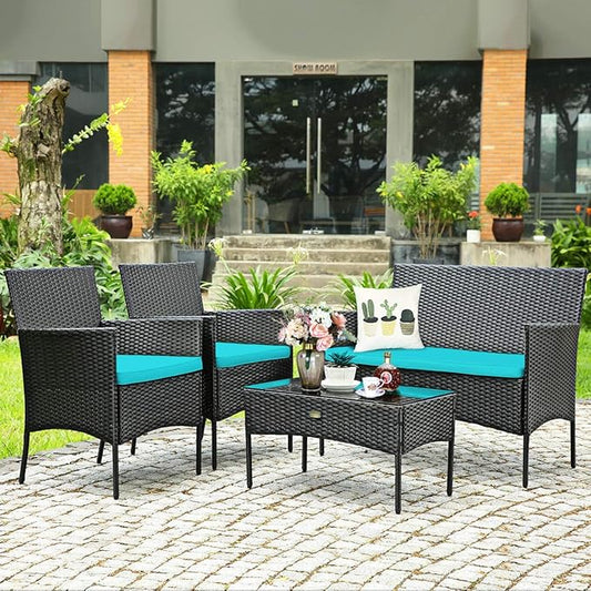 4 Pieces Patio Furniture Set, Outdoor Conversation Set with Ergonomic Curved Backrest, Patio Chair Set with Water-Resistant Cushion & Tempered Glass Table for Balcony,Porch (Turquoise)