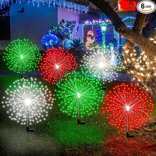 6 Pcs Christmas in July Solar Firework Stake Lights 180 LED 8 Modes Solar Waterproof LED Sparkler Lights Outdoor Decoration for Garden Patio Yard Pathway Walkway Lawn Xmas (Red Green White)
