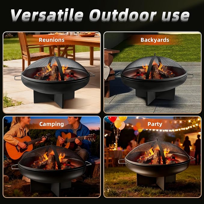 24 Inch Fire Pit for Outside Outdoor Wood Burning Firepit Bowl Heavy Duty Steel Bonfire Pit for Patio Backyard Camping Deck with Spark Screen, Log Grate & Poker - Image 5