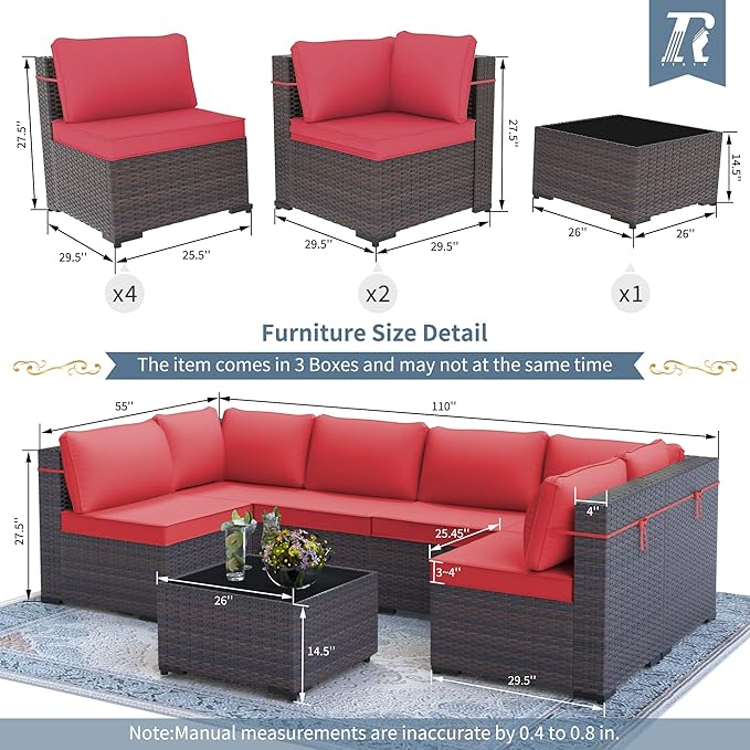 7 Pieces Outdoor Patio Furniture Set,Outdoor Sectional Furniture All Weather PE Rattan Wicker Patio Conversation Set with Coffee Table and 6 Thickened Cushions,Red