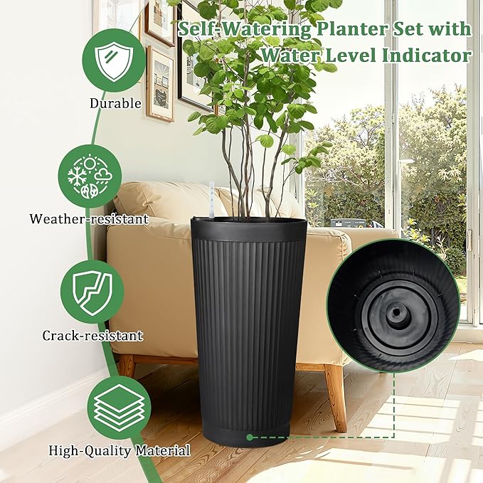Self-Watering 24in Plastic Round Planter with Vertical Ribbed Design – Indoor Outdoor Flower Pot for Plants, Herbs, and Small Trees, Set of 2