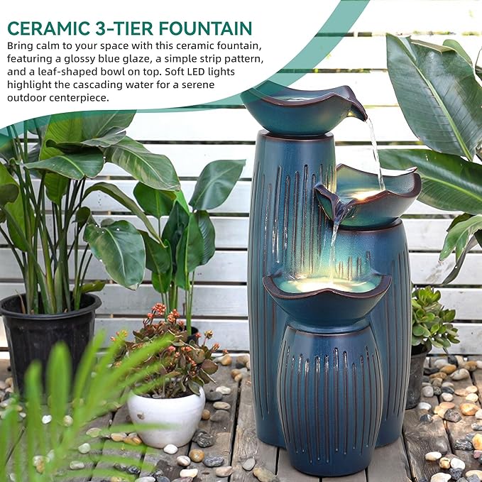 30" H Ceramic Outdoor Water Fountain with LED Lights, 3-Tier Cascading Lotus Bowls Water Feature, Soothing Cascading Waterfall for Garden, Patio, Yard, Turquoise Vertical Striped Texture