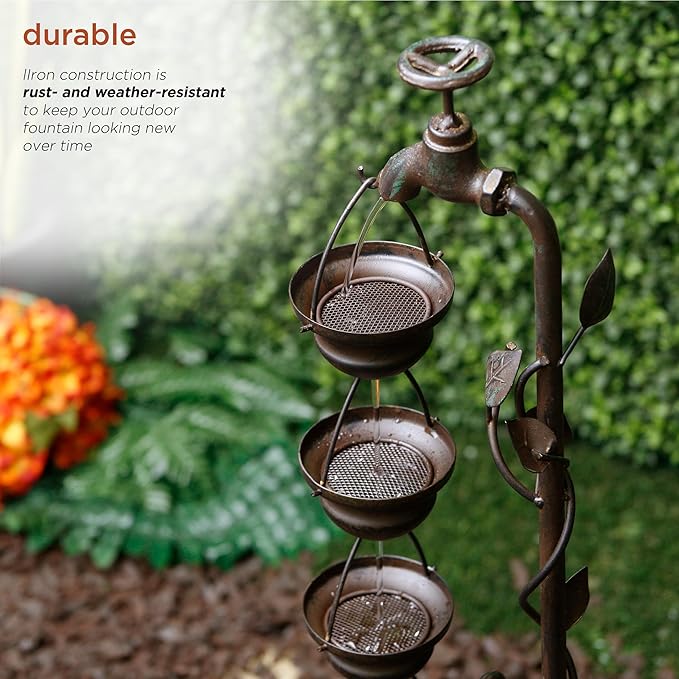 Alpine Corporation MAZ254 Outdoor Floor Tiered Vintage Water Fountain w/ 6 Hanging Cups, Soothing Tier Waterfall, 38", Bronze