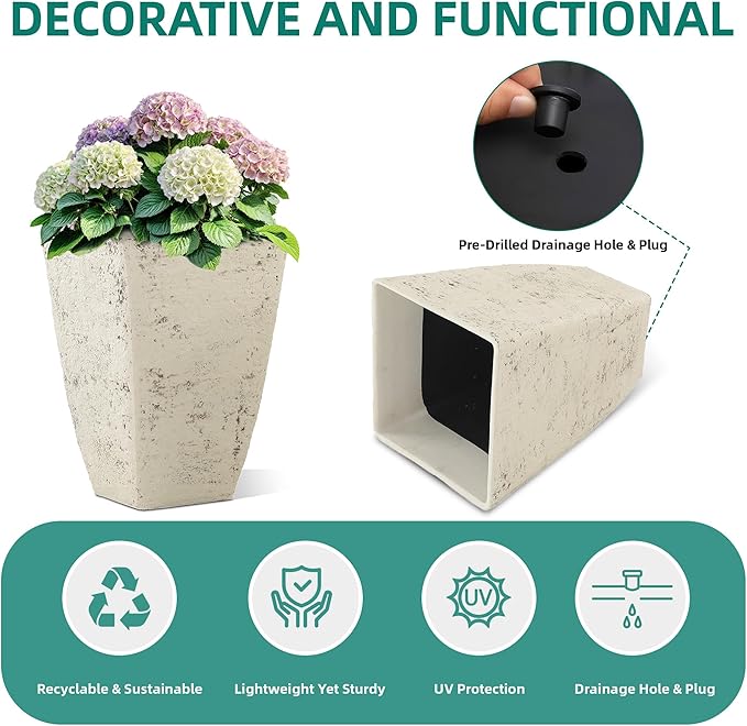 19" H Country White Square Planters for Outdoor Plants, Set of 2 Large Flower Pot with Drainage Hole, Weather-Resistant for Porch,Garden, Patio or Indoor Use
