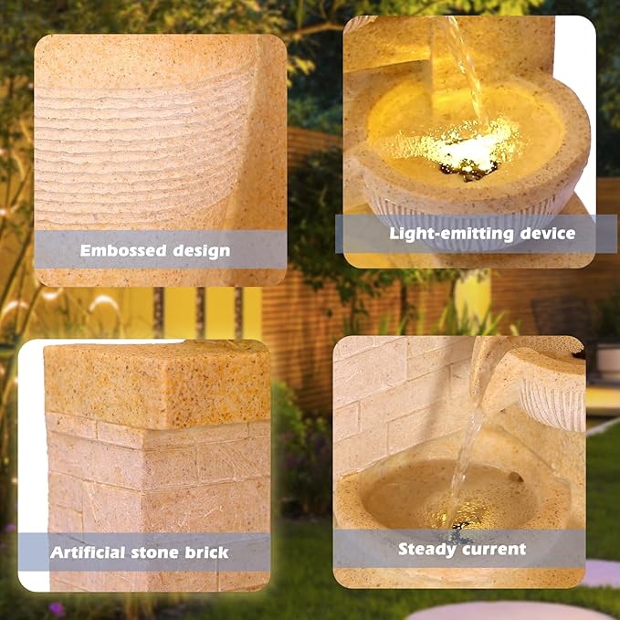 Grepatio Outdoor 4-Tiers Water Fountain, Garden Cascading Waterfalls Fountain with LED Lights, 32"H Modern Indoor/Outdoor Bowl Waterfall Feature Water Fountains for Garden, Patio, Yard Decor (Yellow)
