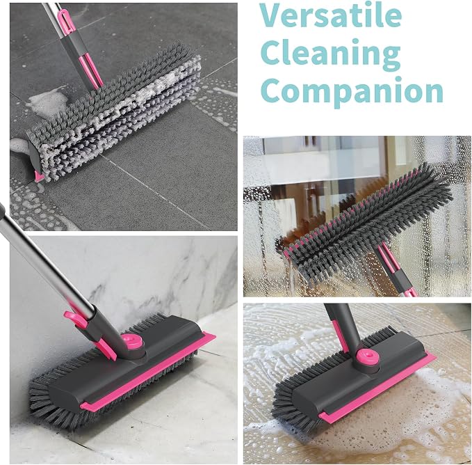 AIR U+ Floor Scrub Brush with Long Handle, 3 in 1 Scrape and Heavy-Duty Stiff Bristle Scrubber Brush for Cleaning Shower Bathroom, Patio, Pool, Garage, Kitchen, Wall and Deck, Gray and Pink - Image 4