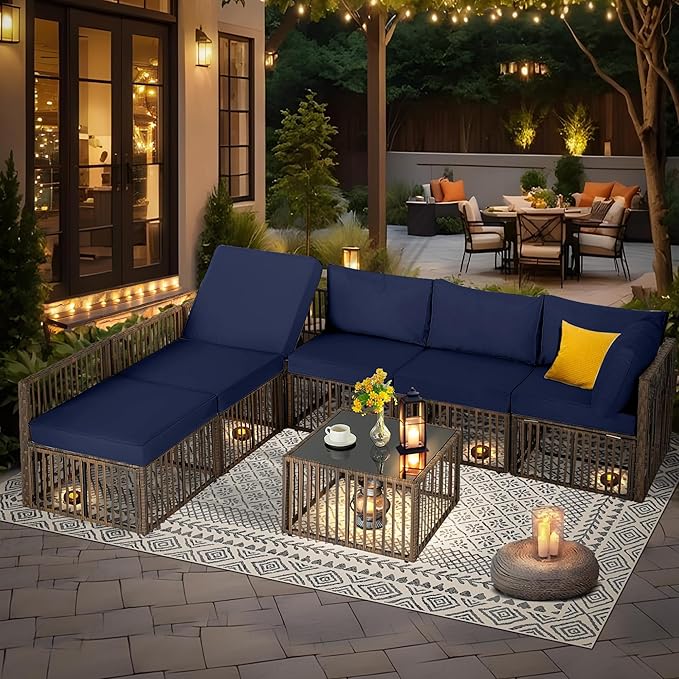FHFO 7 Piece Patio Furniture Set, Outdoor Wicker Sectional Sofa Conversation Set Couch with Adjustable Backrest, Thick Cushion & Coffee Table for Garden, Porch, Poolside, Brown/Blue