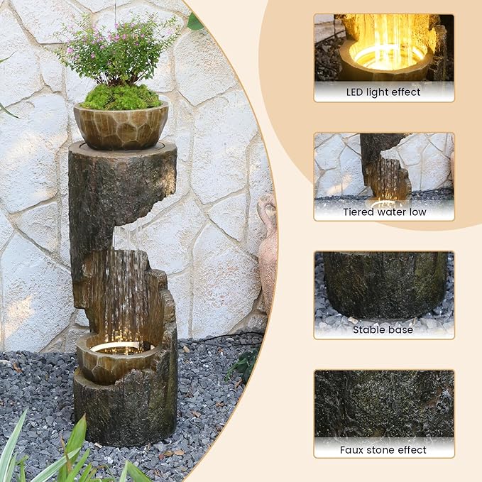 Outdoor Fountain Garden - Patio Waterfall Fountain with Lights, Rustic Wood-Style Cascading Waterfall with Planter Bird Feeder, Resin Water Feature for Deck, Patio, Backyard or Porch, 33.9" H