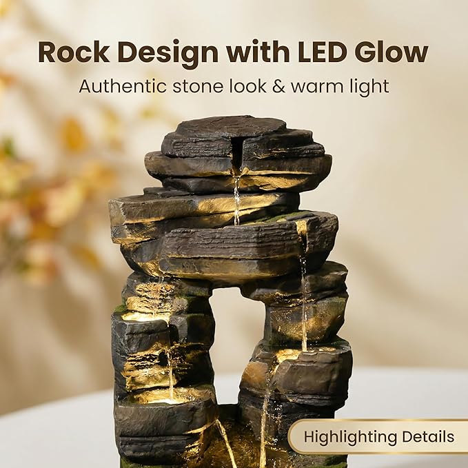 26.4" Outdoor Water Fountain with LED Lights, Stacked Rock Waterfall Fountain, Resin Garden Water Feature for Arch Design, Freestanding Patio, Yard